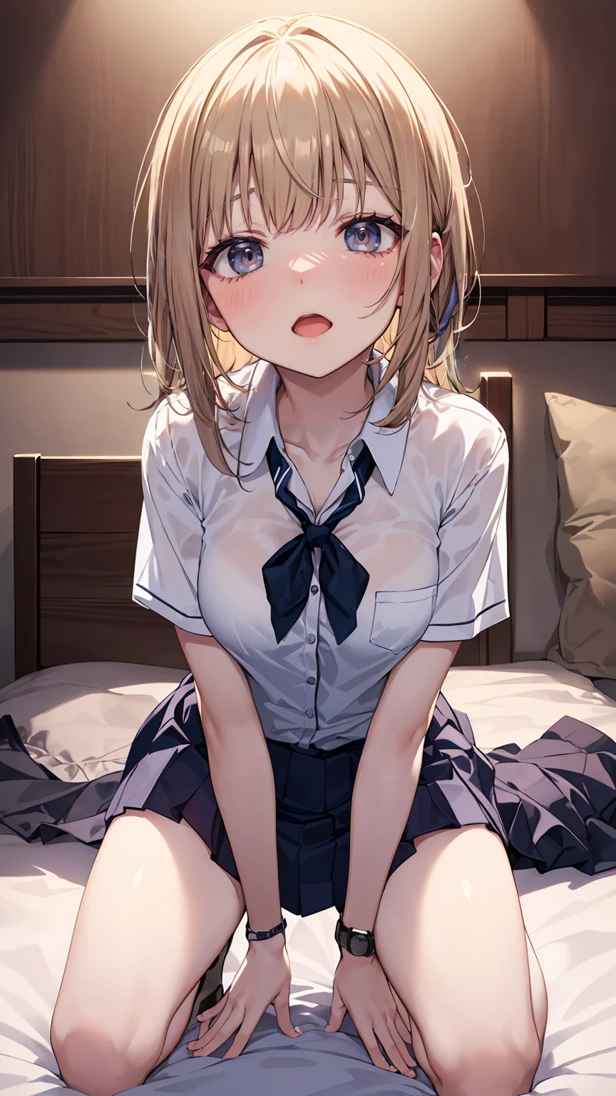 (masterpiece:1.2, highest quality), (realistic, photorealistic:1.4), beautiful illustrations, (profile,whole body, high angle:1.5,From above:1.5)
1 girl, Japanese, high school girl, (Blonde Belly Shorthair), bangs, hair between eyes, big breasts,
beautiful hair, beautiful face, beautiful and detailed eyes, beautiful clavicle, beautiful body, beautiful breasts, beautiful thighs, beautiful feet, beautiful fingers, 
(Very dark place,very quiet music,very dark contrast,very dark tone,dark atmosphere,Backlight)
((collared long sleeve shirt, very big white shirt, school uniform, Grey plaid pleated skirt, blue plaid bow tie,))
(sitting, , grab the hem of the skirt, put your hand on your chest, hand between legs), 
blush, ,25 years old,Composition to the toes:1.3,Very short black socks:1.5