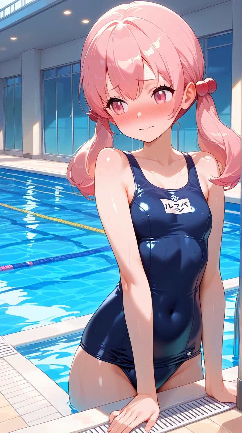 masterpiece, best quality, insanely detailed, beautiful, nino nakano, one-piece swimsuit, breasts, pantyhose, blush, smile, (outdoor swimming pool:1.3), legs spread