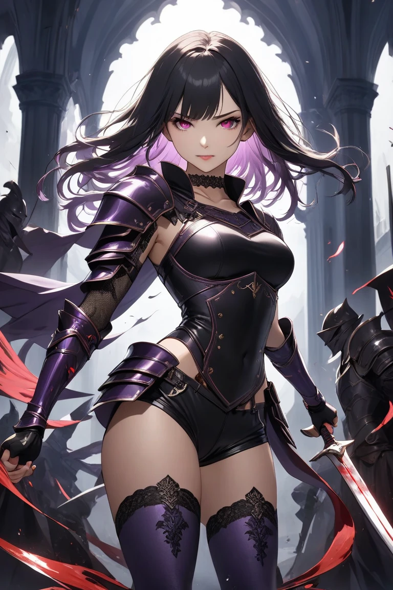 Create a haunting illustration of a kunoichi with a spider-like appearance, possessing four arms and darkened skin. Picture her with an eerie countenance, her eyes glowing with a predatory gleam and a sinister aura enveloping her form. Emphasize her arachnid features, with sleek black skin and subtle spider-like markings crawling across her body. Showcase her four arms, each poised with lethal grace as she wields temari weapons with deadly precision. Let her stance exude a sense of primal power and predatory instinct, as she prepares to strike with ruthless efficiency. Capture the essence of her sinister presence as she lurks in the shadows, a harbinger of doom to those who cross her path. Let the scene evoke a feeling of unease and trepidation, drawing viewers into the dark and perilous world of this arachnid kunoichi.