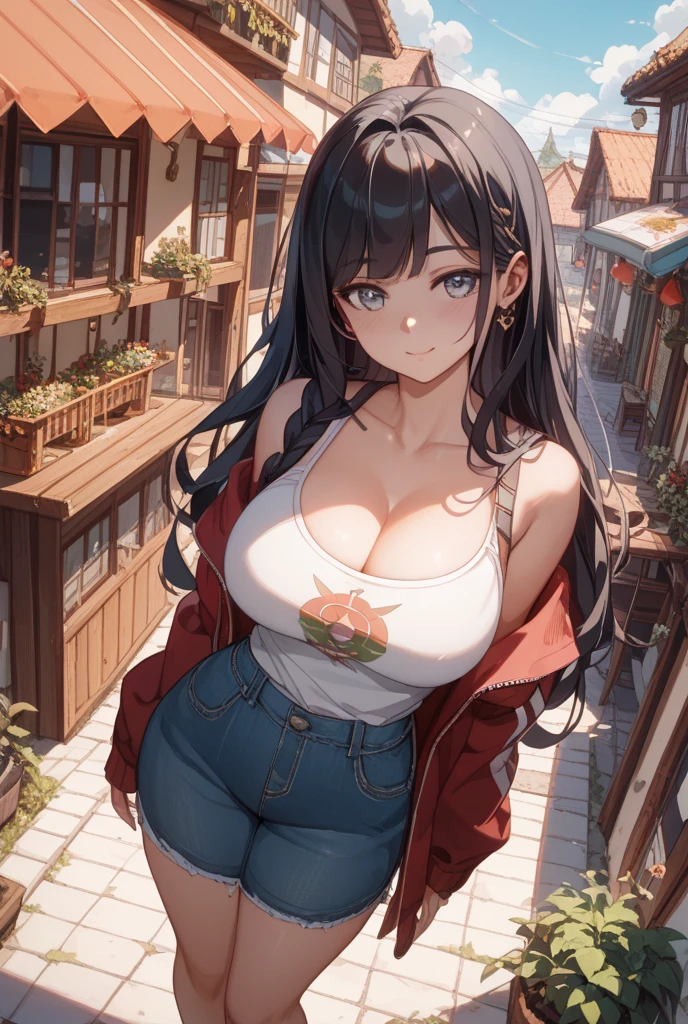 1female,head to thigh, 25yo,熟妇,noodle,long legs,Big breasts Thin waist,the super hot and sexy,gigantic cleavage breasts,Pornographic exposure, 独奏,(Background with:ln the forest,the rainforest,in summer) long blue hair,brazilian blowout hair,Long flowing hair,standing on your feet,Sweat profusely,drenched all over the body,seen from the front, curlies, mostly cloudy sky,(((tmasterpiece),(Very detailed CG unity 8K wallpaper),best qualtiy,cinmatic lighting,detailed back ground,beatiful detailed eyes,Bright pupils,(Very fine and beautiful),(Beautiful and detailed eye description),ultra - detailed,tmasterpiece,)),facing at camera,A high resolution,ultra - detailed),,revealing breasts,Bare genitalia, Bulge,Camel toes,Raised sexy,Flushed complexion,Open-mouthed,frontage,(Wearing:Red baseball jacket,Erotic denim shorts,athletic sneakers,Lewd nudity)fully body photo,Show shoes