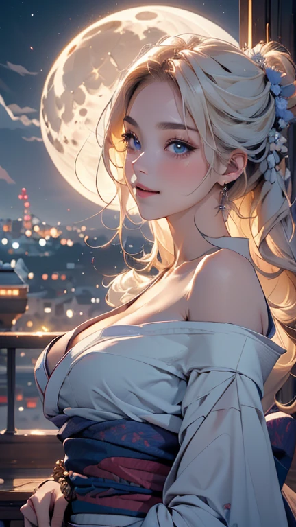 masterpiece、highest quality、High resolution、high quality images、8K, 1 female、skin luster、Texture of skin and clothing、Expression of fine eyes、Shiny bright golden hair,Girl with long braided hair, Manga inspired by Lee Jong-suk, trending on deviantart, realism, detailed manga style, manga art style, perfect line drawing, beautiful line drawing, digital manga art girl, K-POPアイドル, beautiful blue eyes, plump lips, detailed gorgeous face, (cute smile), charm, innocent, Side view, (perfectly detailed face), (fine hands) photorealistic images, Depth of written boundary, Princess hairstyle, Corolla on the head , fortune teller , fortune tellerの服 , show your shoulders , I can see the cleavage , night sky , night view ,beautiful starry sky ,beautiful starry sky , romanticism,