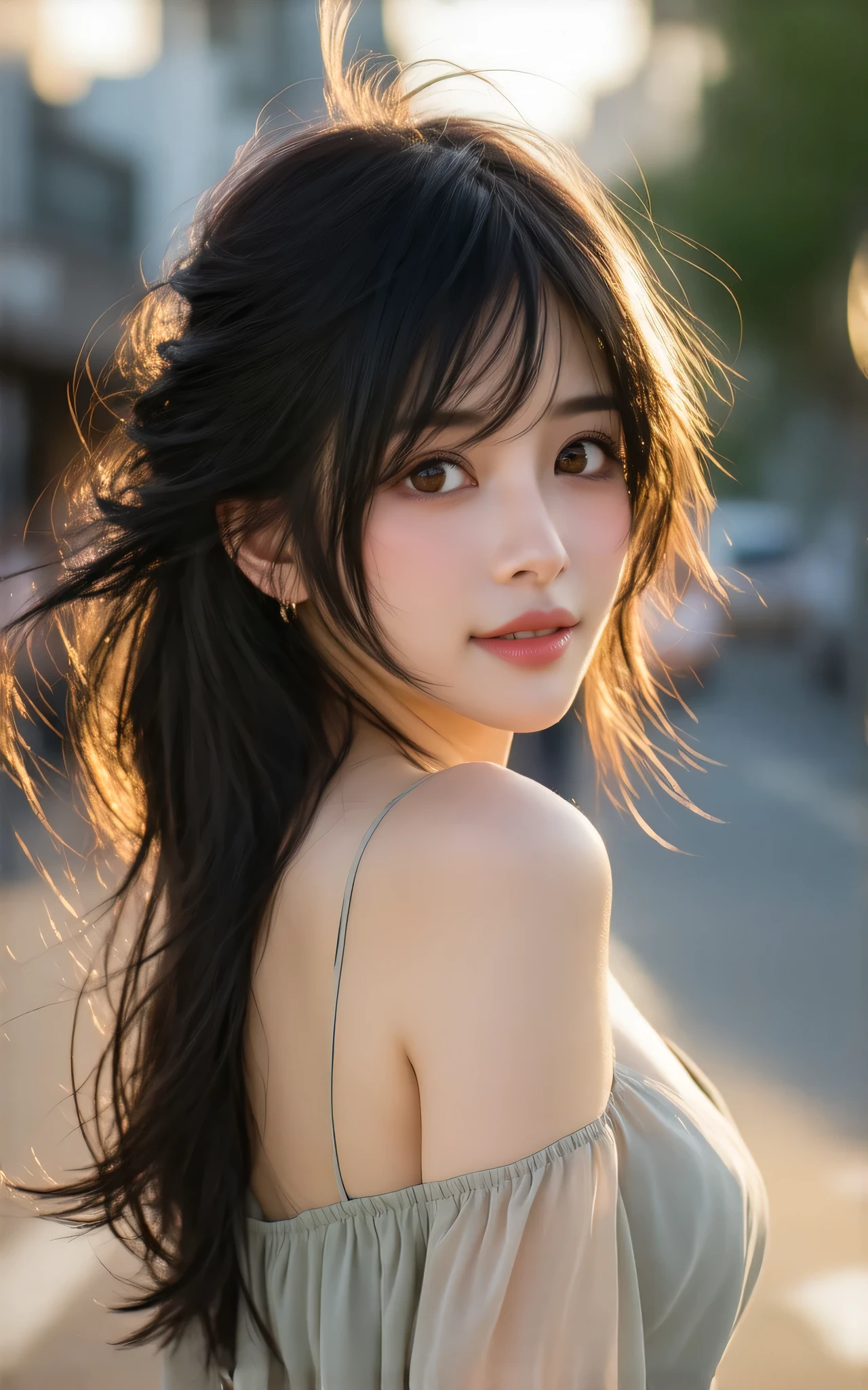 A realistic portrait of a beautiful young Japanese woman with long, slightly messy black hair and straight bangs. Her hair flows naturally as if gently tousled by the wind. She has soft, expressive eyes and a calm, mysterious aura. She is wearing a light pastel dress in a casual but elegant style. The background is a quiet city street at golden hour, with warm sunlight casting a soft glow. Cinematic lighting, shallow depth of field, natural skin texture, photorealistic, high detail, soft focus.