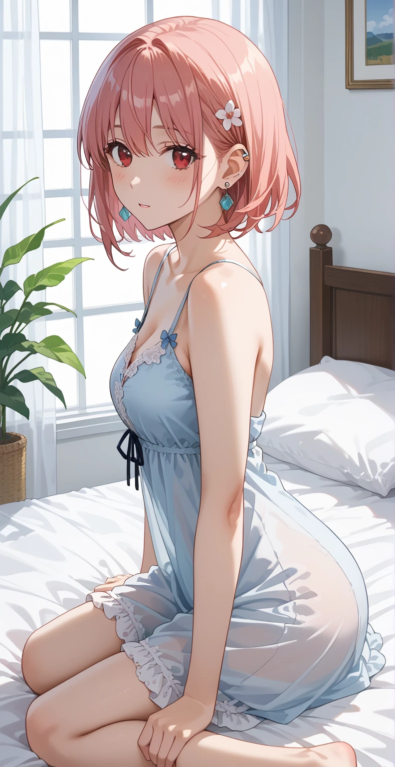 (Highest image quality:1.1), (masterpiece:1.4), (disorganized:1.0), Portrait, Close-up, 1girl, momo velia deviluke, hair ornaments, bob cut, Shorthair pink hair, purple eyes, Medium breasts, sheer nightgown , transparent underwear, charming, audience, bedroom, smile, solo, lying down