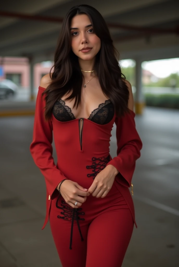 Wearing a red suit on the upper body.，Red coat，without underwear，big and huge chest，black hip skirt，short black skirt，flared skirt，She wears black pantyhose on her legs.，high heels，Wear gold wire glasses，Recline on the round bed.，The beauty of mixing，fiery red lips，Pure and cute appearance，sexy expression，being thin，很being thin，The legs are thin，soft skin，Face a little rosy，diamond necklace，diamond earrings，diamond bracelet，clear and smooth skin，perfect skin，Clear and glowing skin