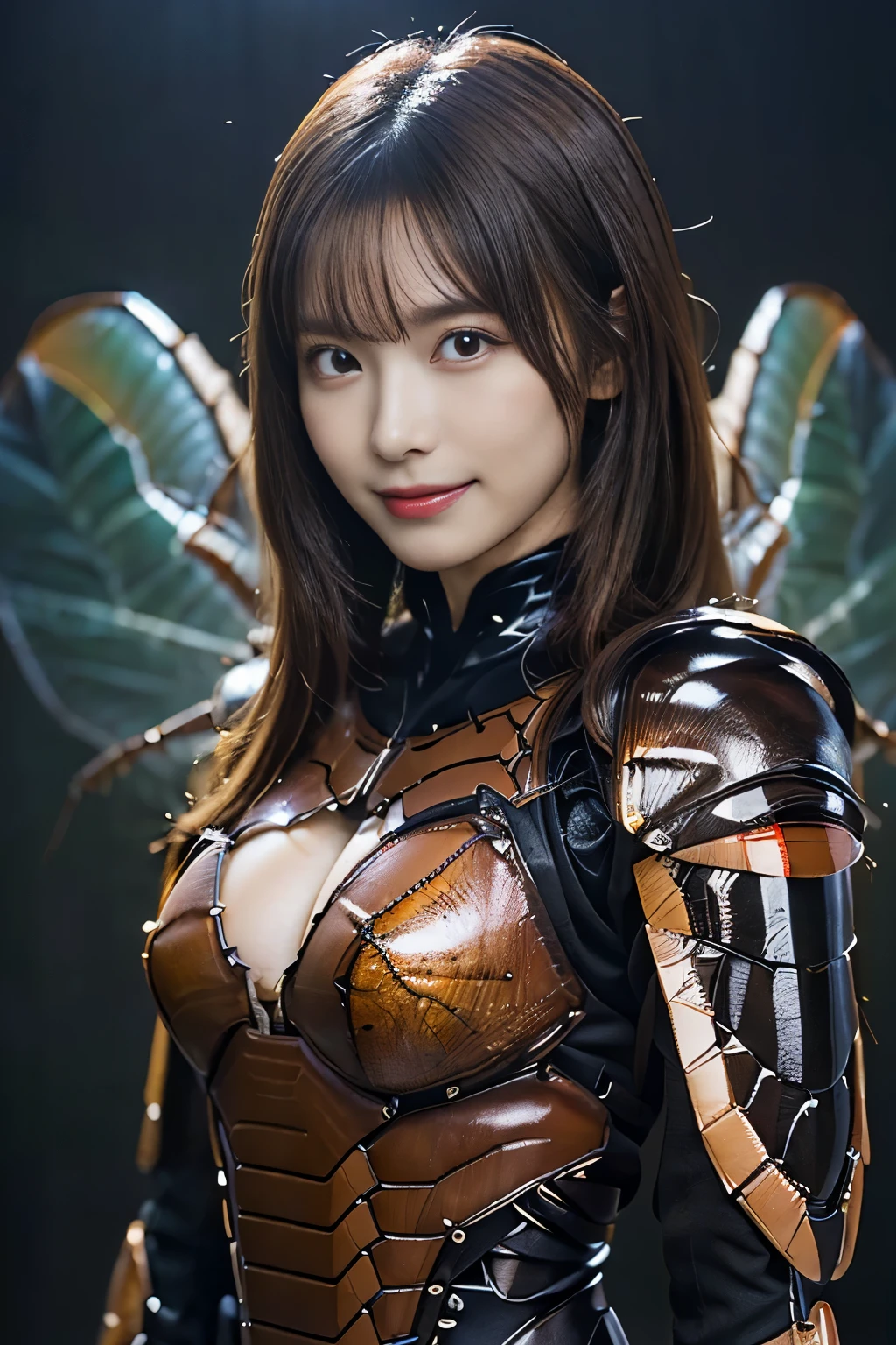 masterpiece、Highest quality、Highly detailed CG、Great details、High resolution、8K Wallpaper、All the intricacies、Super detailed、Super Shining、Oily luster、monster girl、Cockroach and woman fusion、Female cockroach forms、Cockroach woman、Fusion、Acting alone、gal、Perfect female ratio、Wicked Smile、cute、anime face、Antennae of cockroaches、特にOily luster、muscular、Cockroach and exoskeleton suit fusion、Mahogany colored dark skin、Short Hair、bionde、Purple streak hair、crustacean、arthropod、Enemy hideout style background、Background of the evil organization style