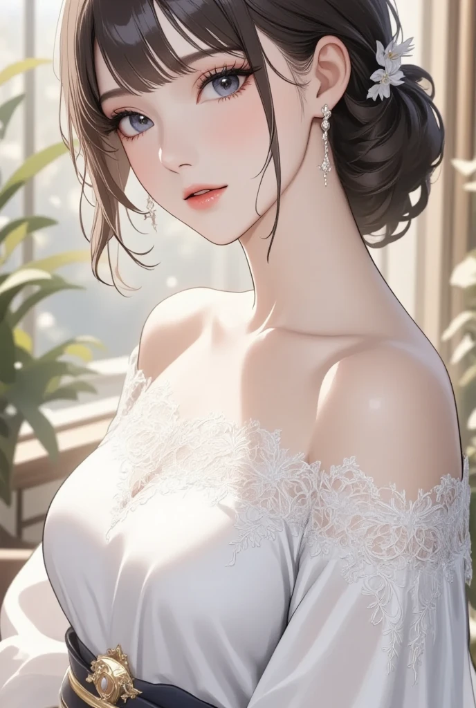 best quality, highres,Slender、brown eyes、tall、black hair、(Forehead exposed:1.7)、(bun hair:1.3),straight hair、luxury hotel、(White lace bra:1.5)、(white panties:1.3)