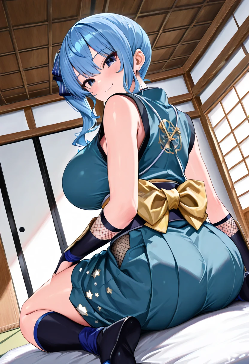 1 woman, full body, blue hair, slender body figure,  (wears a navy blue kimono) at a Japanese food stall, wooden counter, preparing sushi, slutty smile, looking at the viewer