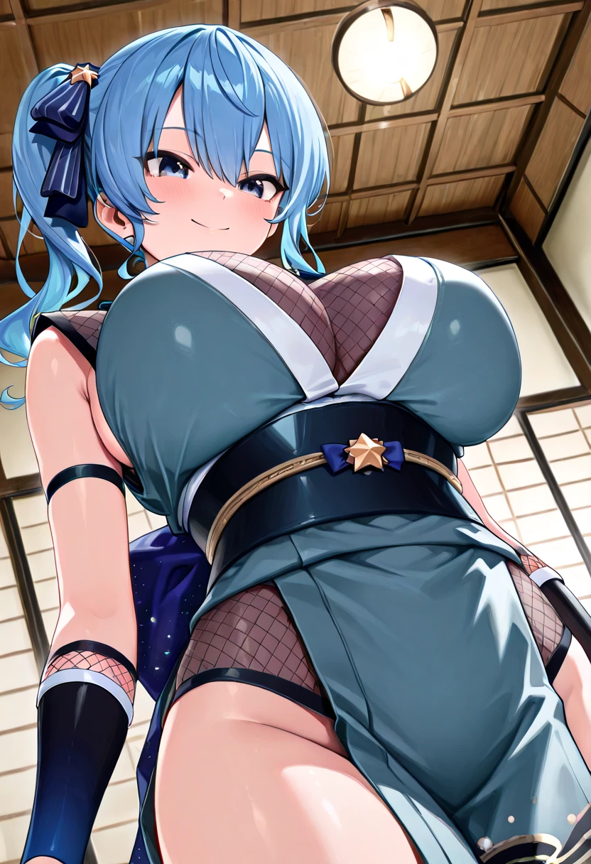 masterpiece, best quality,
yozakura (senran kagura), 1girl, breasts, solo,
short hair, blue hair, flower, blue eyes, large breasts, hair ornament,
japanese clothes, hair flower, navel, midriff, bare legs, cleavage, emblem, smile,
pov,