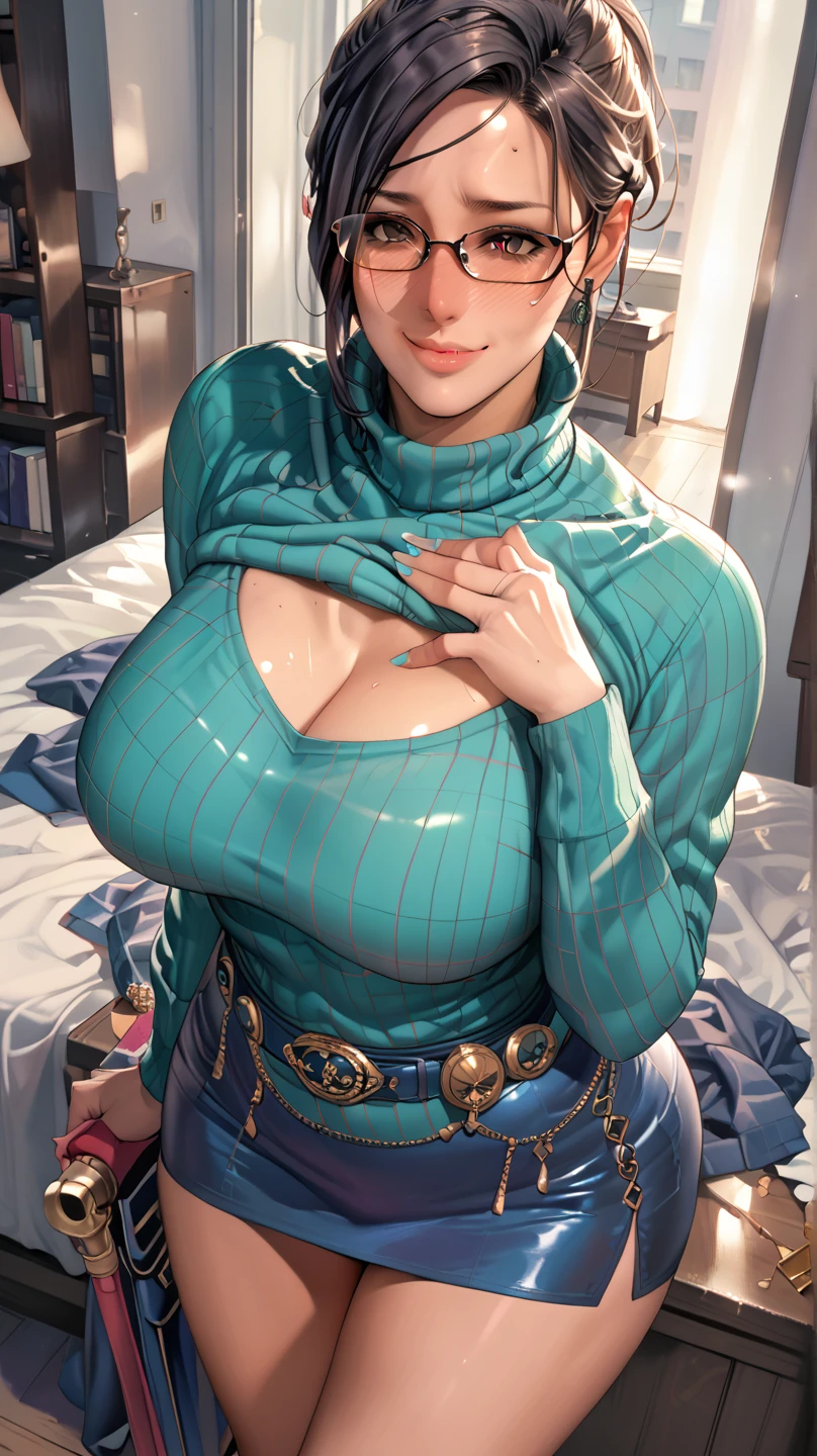 realistice、The girls 1 人、Wearing glasses,Hairstyle short、sit on the bed,Looking next door,Smile,Face Zoom,Cleavage emphasis、