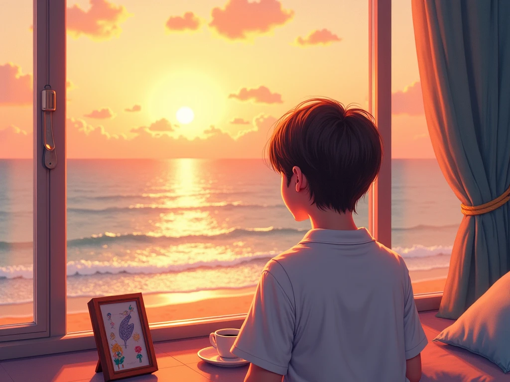 A 12 year old boy sit in the wall and the background is sunset
Add a room and he will sit at window
Add a realistic sunset