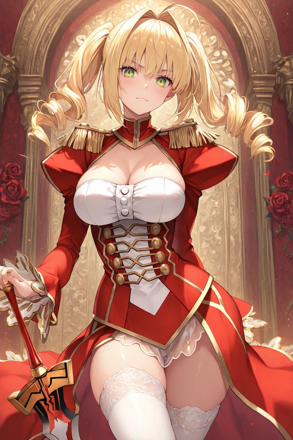 A woman with big ,Gorgeous woman,((Idol)),(Middle-aged woman),((30 years old)),Gorgeous Rococo dress,Long blond hair,Protruding lower chest,Exquisite,respite,pant,Tears,blush,lying on the grass,Rose petals scattered around,