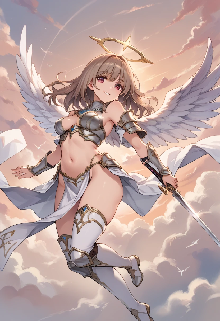 fantasy, 1angel_girl,, ,brown_hair, medium_bob_hair, long_bangs, halo,bare_shoulder,thighhighs,silver_armor, waist_armor, large_breasts,angry,grinning,open_mouth_teeth, 1pair_wings, dynamic_pose_fighting,floating, bare_crotch, headgear,gauntlet, greaves,city_sky_background,slightly_spread_legs, solo, groin_naked,