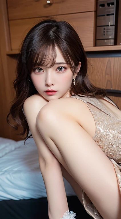 masterpiece, 1 woman per 1photo, full body shot, composition looking subject down from above, a Japanese young pretty woman, hyper pretty face, 18 years old, short hair, sleeping on a silk bed, opening mouth widely, wearing only a sleeveless silky satin black chemise with black laces, busty, wet body, glossy lips, glamorous figure, lying on her back and spreading legs on the silk bed, silk pillow, silk bed sheets, double eyelids in both eyes, natural makeup, long eyelashes, shiny smooth light brown hair, asymmetrical bangs, fair skin, central image, 8K resolution, high detail, detailed hairstyle, detailed face, spectacular cinematic lighting, octane rendering, vibrant, hyper realistic, perfect limbs, perfect anatomy