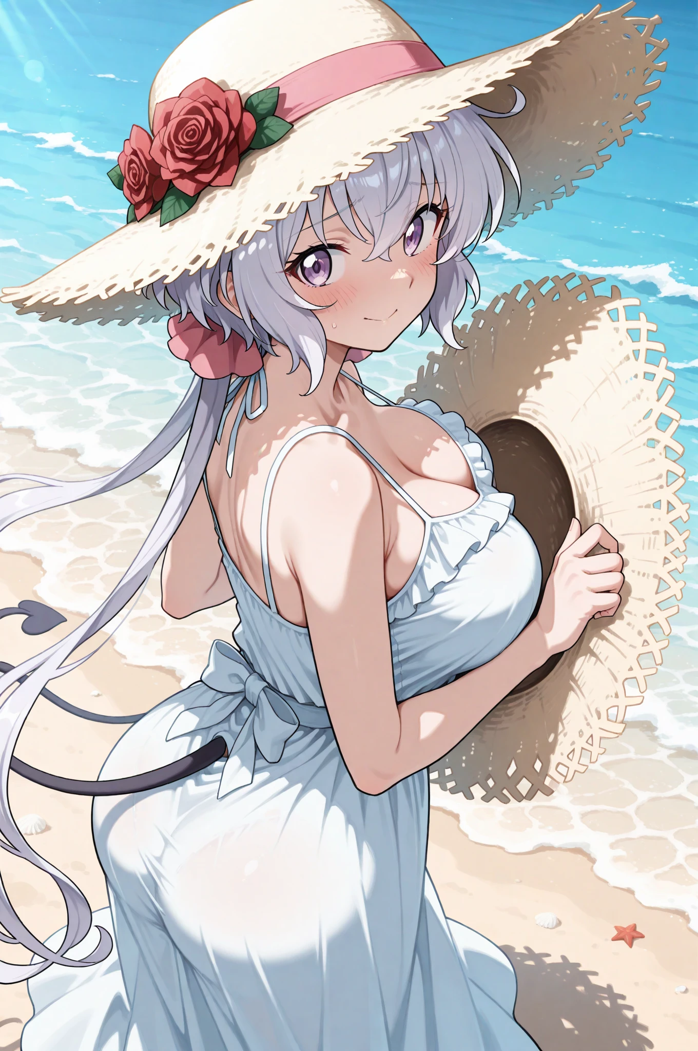anime - style image of a woman in a dress and hat on the beach, loli in dress, , succubus in sundress portrait, full body portrait of a short!, with straw hat, commission for high res, cute anime waifu in a nice dress, flat anime style shading, thicc, oc commission, full body!