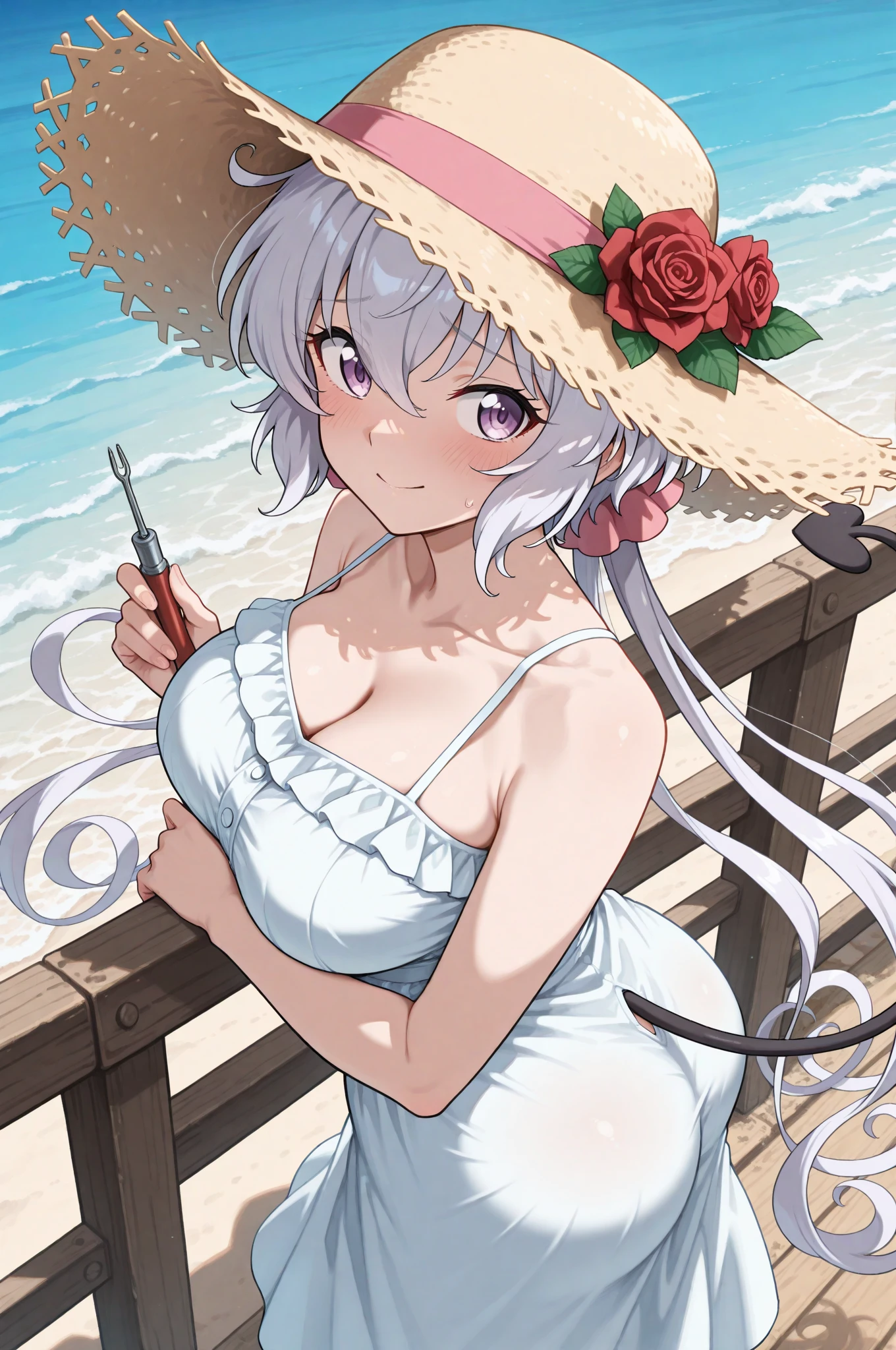 High level image quality best image quality 8K adult woman beach sunset palm trees more colors whole body view portrait blue bikini horn ears short hair((shortcut)(gray hair)(perm)(fluffy)) eye color is blue , pink sunglasses , attractive evil face , smile , sexy pose , labrynth , barearm , wearing pink shirt , crossed leg style in detailed , view from side