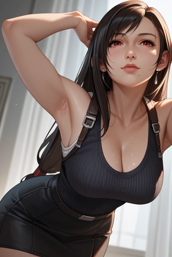 beautiful girl　Best Style　Fight the enemy　Shyness　Sweat　Black Leather Gloves　　Combat Uniform　Big Breasts　Light clothing　Martial Arts　White sheer skirt　White Tank Top　black garter belt　Dirty face and clothes　White liquid all over the body　Black bra underneath a white tank top　humiliation　Obscene expression　Tsundere　Pretty see-through　The skirt is also transparent　Surrounded by men　Men get erections under their pants　Looking up　An expression that invites a man