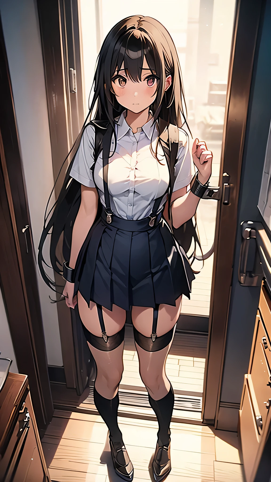((masutepiece,Best Quality)), hight resolution, Very detailed 8k wallpaper, Depth_in the_field, Cowboy Shot, Solo, 1girl in, (Long hair, Black hair, Gray eyes:1.4), slender, skinny, medium breasts, Bangs, School Sailor Uniform, (full-face blush), embarrassed, BREAK, (Skirt lift:1.4), (lifted by self:1.4), panties focus, Cowboy Shot, (toilet room:1.2),(urinal:1.3), dirty, a trash can, cracked wall, Dark, Broken, Abandoned, (Night:1.5),(Dark background:1.1), School uniform, Highly detailed hands, ((Emphasize white panties)), Grab the skirt with both hands,