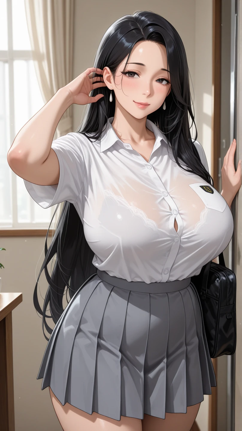 (masterpiece、Highest quality、Very detailed))1girl, 24 years old, huge breast, black hair, long hair, pov, looking at viewer, black hair, glasses, standing style, white shirt, black eyes, hair ponytail