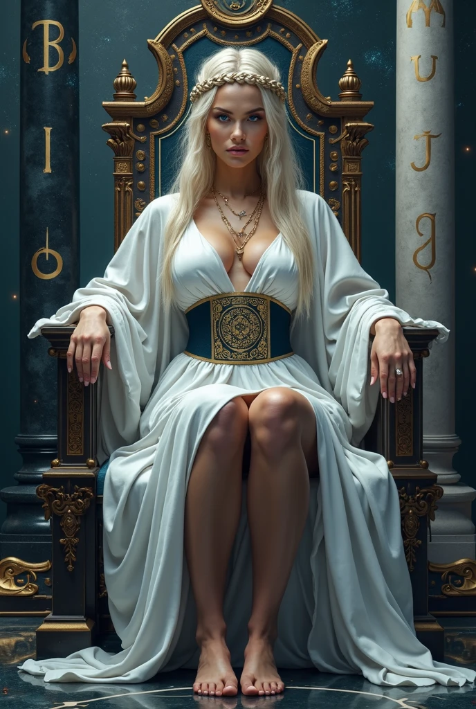 1 gorgeous blonde woman, age 23, sitting on a throne with a white dress and white stockings, on an fire throne, a beautiful fantasy empress, queen of hell, on her throne, queen, beautiful and elegant queen, sitting on her throne, sitting on throne, portrait of an queen, goddess of winter, an queen, on a throne of lava in a burning and smoking palace