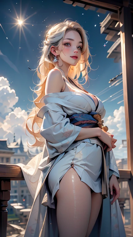 Goddess ((goddess-like woman)), slim, elegant silhouette, masterpiece, (close angle), best quality, pale skin, fair skin, sweet face, (masterpiece: 1.2, best quality), (real image, intricate details), (1 lady, solo, medium tits, small waist, ), ((Jinx/LOL)), beautiful face, kissable lips, very long white hair, slicked back hair, (very long white hair), white hair , VERY LONG HAIR , (very long white hair), perfect makeup, realistic face, detailed red pink eyes, (red pink eyes) bright red pink eyes, very long hair, eyelashes, mouth slightly open, she has an impressive presence, gold bracelet, gold hoop earrings, beautiful face, beautiful eyes, she is wearing ingerie under a open Bfshirt. cleavage, Black over-the-knee boots, sweet irresistible smile, elegant pose, elegant hands, beautiful hands, perfect fingers, background: She stands in front of a Taiwanese temple, the wind blows through her hair, blue sky, sunny day, the trees, light wind, cherry blossoms, autumn leaves, garden