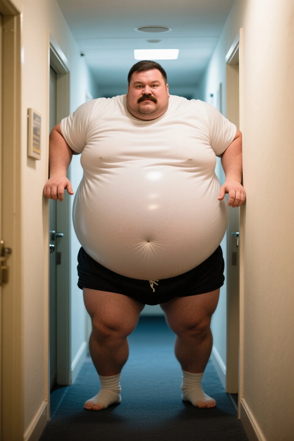 A very fat person in an old house full of poop 