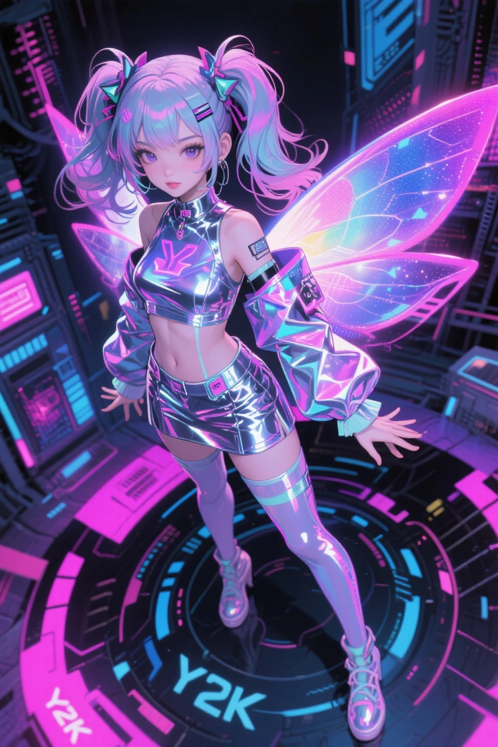 (masterpiece, best quality, detailed, vibrant colors, glittering, translucent), iridescent, industrial, (esoteric), grim, (solo), leaning forward, sexy pose, (fairy), fairy wings, (cyborg), biomechanical, robot limbs, robot torso, Neon Light, skimpy, sexy, suggestive, busty, provocative look, lookingat viewer, <lora:Neno:0.8>