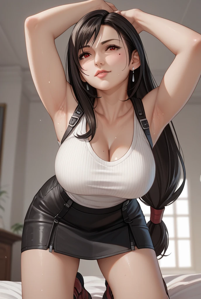 1lady solo, mature female, /(crop top leggings/), /(black hair/) bangs, blush kind smile, (masterpiece best quality:1.2) delicate illustration ultra-detailed, large breast, /(fitness gym indoors/)