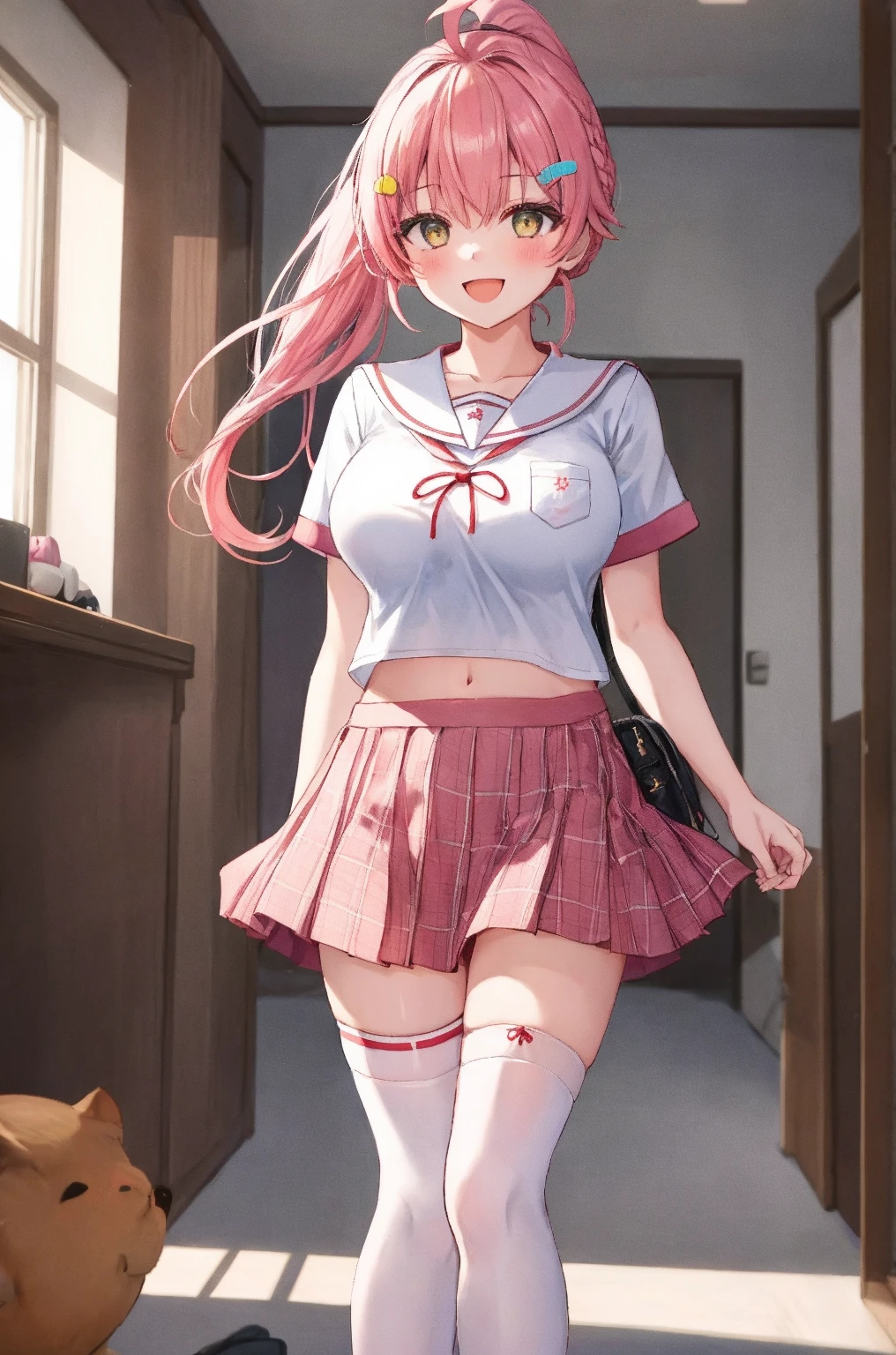 Best quality, femme, sexy, jupe rose, talon, penché en avant, cambre, lift her skirt slightly, beaux seins, provocatrice, sourire