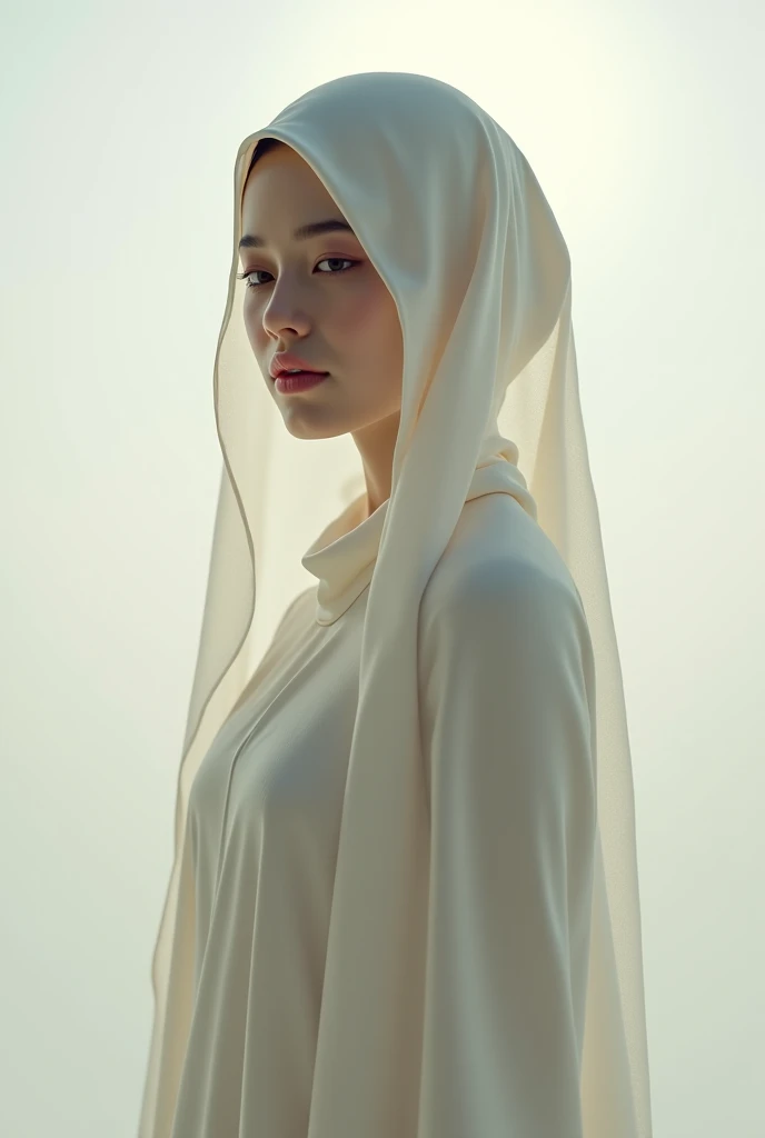20 years Old, Long hijab Korean mature woman, Big  : 66.9, long white patern gamis, big breast: 1.9, at doctor office, Dim light, at photo studio, helf body few