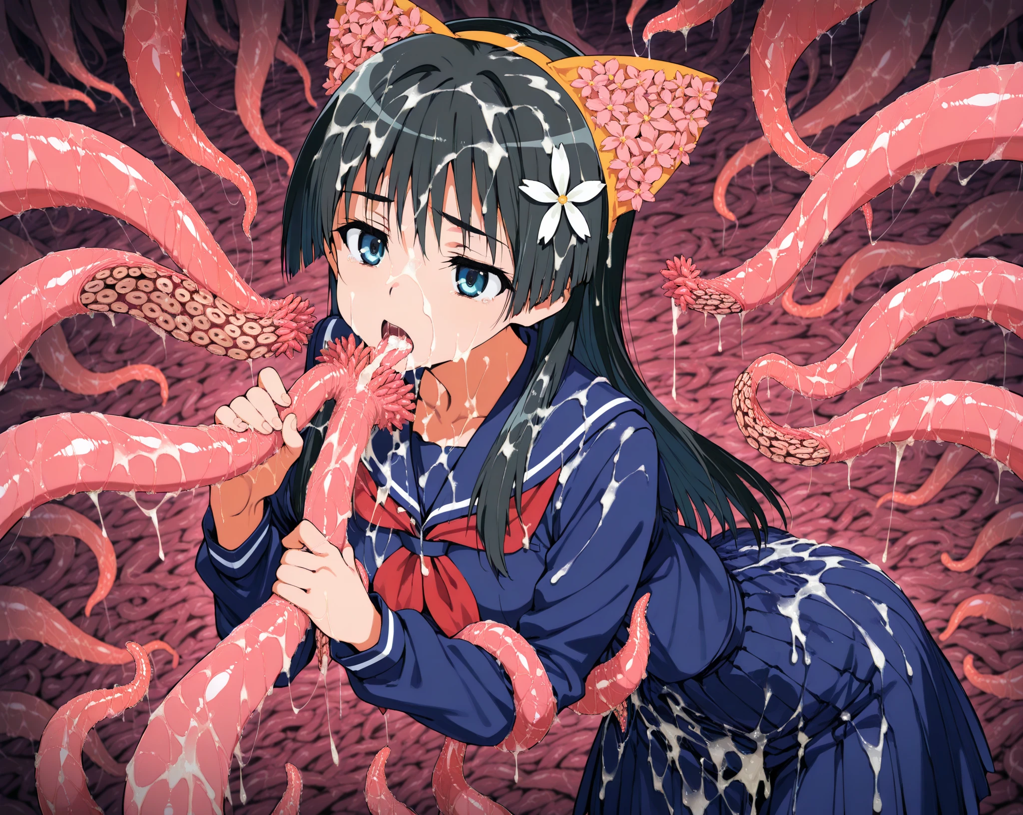 ((masterpiece, Side Lighting, finely detailed beautiful eyes: 1.2)), Super detailed, Ultra-high resolution, Professional Lighting, High quality makeup, beautiful detailed eyes, sexy, beautiful, Big eyes, Cowboy Shot, (Girl:1.3), hinatsuru ai, blue eyes, Black Hair, Brown Hair, Ridiculously long hair, Ahoge, Twin tails, Blue and white dress, Yellow ribbon, White Beret, smile, blush, wariza, Spread your legs,orgasm,blush, Sweat,White panties、Squat、Look at this、skirt、、Attacked by tentacles、Tentacles wrap around my legs、Tentacles in the crotch、Captured by tentacles、cry、shout、Ecstasy face、skirtの中の触手、Do not run away、Lying down、Torn clothes、skirtの下からスパッツが見えます、Spread your legs、Disheveled clothing、skirtをめくった、