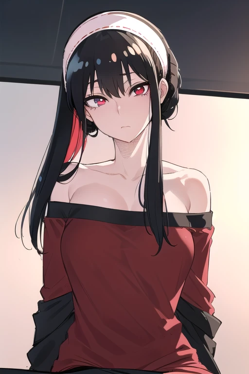Adulta joven, Cabello negro ondulado, mirada penetrante con ojos profundos de color rojo, estatura promedio, Silky hair with a ponytail hairstyle collected with a red bow with two white lines, tiene pechos, primer plano, Session, standing in the middle of his room [[[[pervertida]]] , Sonrojada, mini dress transparent lingerie, NSFW