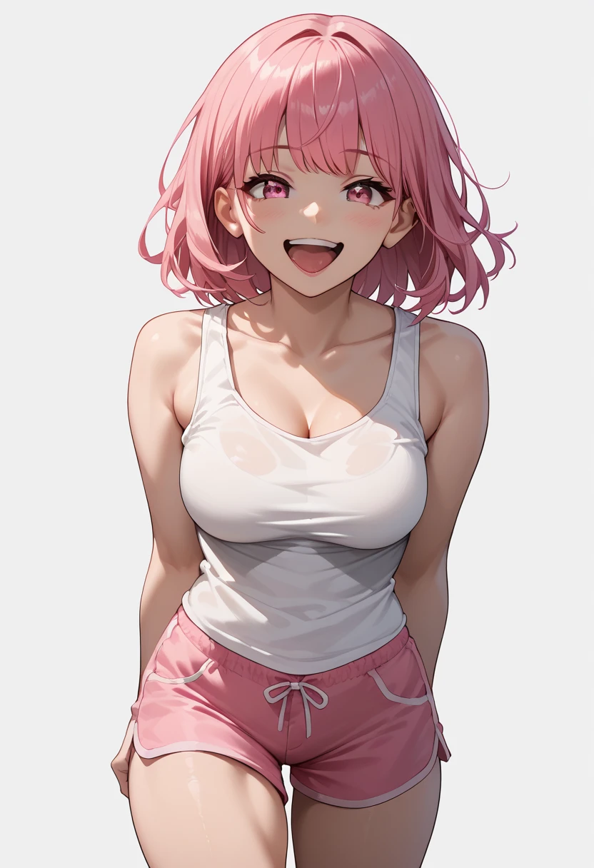 Girl, short pink hair, beautiful red eyes, lollipop, big breasts, exposed stomach, short pants, lollipop in hand, bare shoulders, tank top,📍🍭
