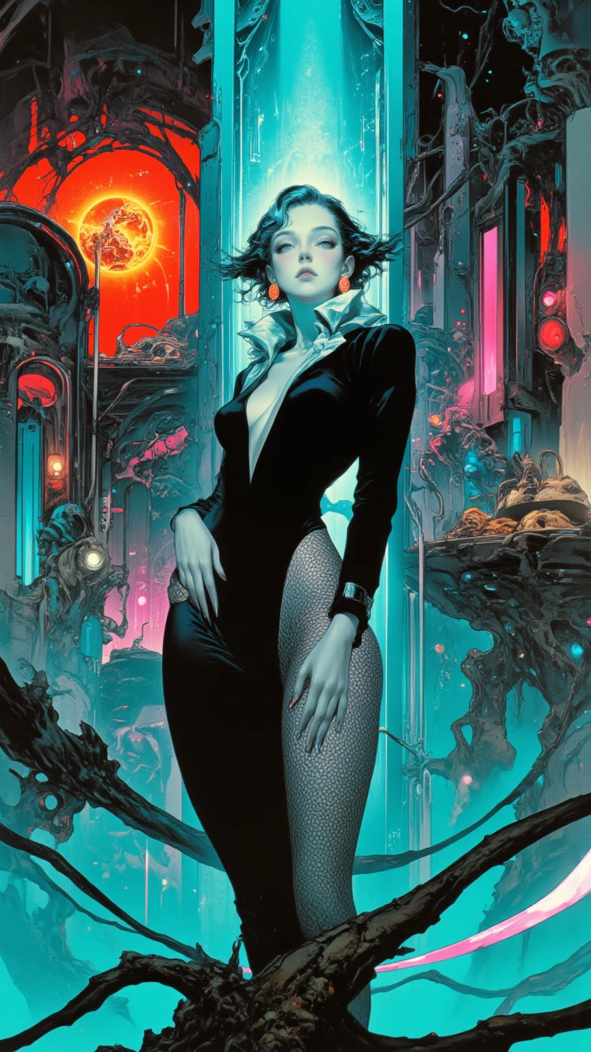 The sexy and dark art of seduction (art inspired in Bill Sienkiewicz). oil painting) (best quality,4k,8k,highres,masterpiece:1.2),ultra-detailed,(realistic,photorealistic,photo-realistic:1.37),intricate details,vivid colors,sharp focus,professional,Dave McKean artwork, oil touch of surrealism,oil painting style