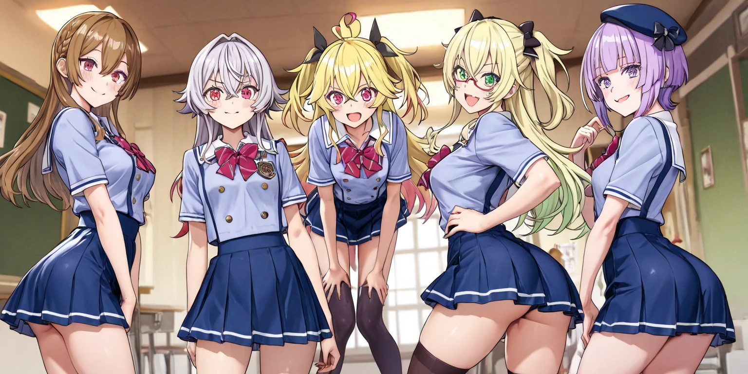 Three anime girls in uniform standing in front of a blackboard, Ecchi anime style, Ecchi style, Ecchi, Anime Girls, ( ( misa amane # ) ), High School Girls, small curvy , thighs thighs thighs thighs!!!, magic school uniform, cute anime style, Lori, thighs thighs thighs thighs!!!!!!, Anime!!!!!!!!!!!!!!!, In anime style