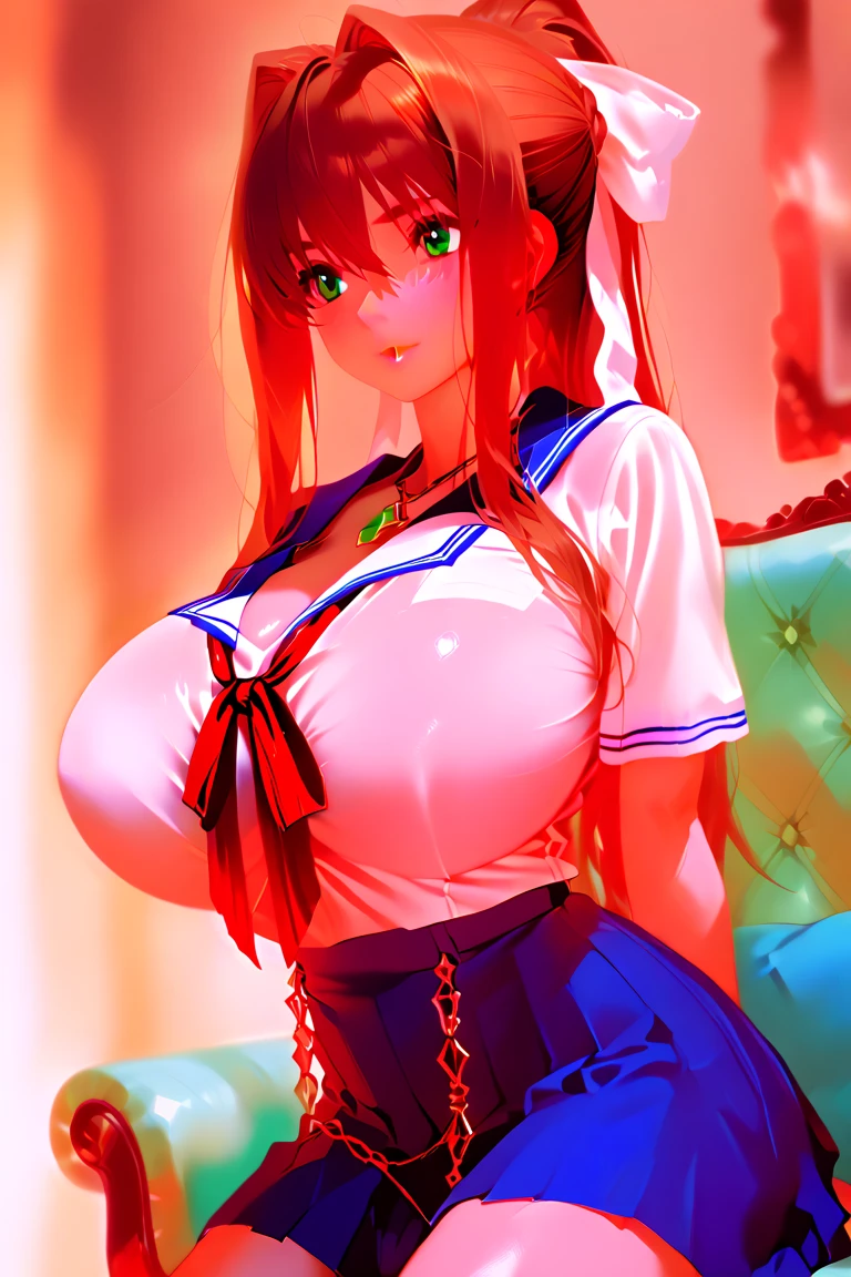 masterpiece, photoreal, high definition, slim waist, long legs, wet skin, huge ass, huge breasts, masterpiece, best quality, absurdres, perfect anatomy, 1girl, solo, Ranma, (1990s \(style\), redhead, single short braided ponytail, smile, maid outfit, white thigh highs, legs spread, on bed, covered in cum, wet skin, cum drip, bukkake, breast milk, cum on face, cum on tits, open mouth