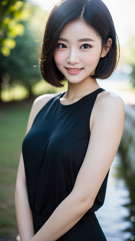 8k, Ultra-high resolution, Highest quality, masterpiece, 三分割法によるphotograph,Surreal, photograph, 1 girl, (:1.3), pretty girl, Cute face, Beautiful eyes in every detail, 細かくdetailedに,masterpiece,, One Girl:1.2, Japan Female Announcer,whole body,Young Wife,Urban area,street tree,Black Camisole Dress,Pencil Skirt,clavicle,Full of cleanliness,A carefree smile,Healing the heart,Short Bob,Looking at the audience、beauty,Long neck、Laugh a little、Please close your mouth and laugh、(((Ideal body type))),A-cup small breasts :2,、Portraiture:2、Perfect Anatomy、鮮明なdetailed、detailed、Surreal、Light and shadow,Strong light