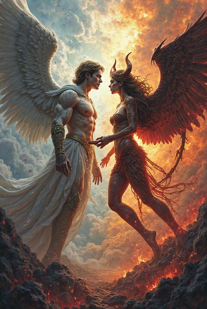Goddess Aphrodite and Cupid adult male realistic art, epic scene like from a movie! Aphrodite red hair, white skin and pink clothes. Cupid adult male blond practiced, big wings, goatee and nudes
