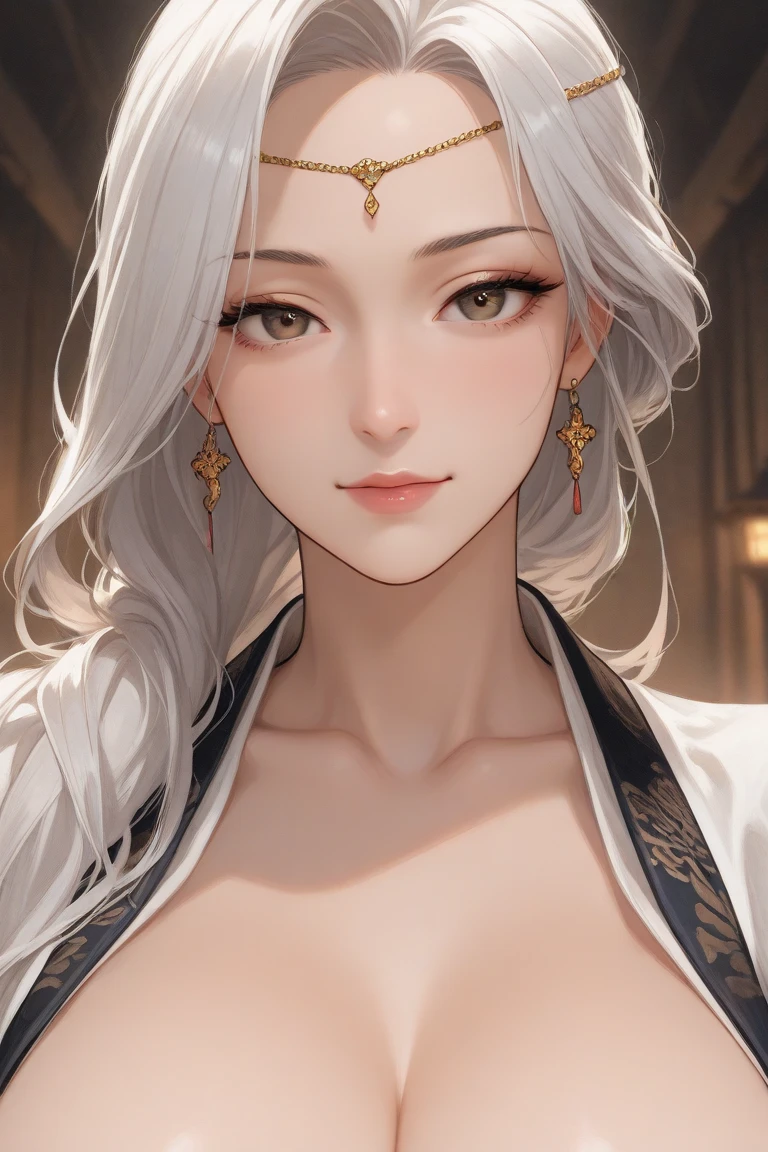 a close up of a woman with white hair and a white mask, beautiful character painting, guweiz, artwork in the style of guweiz, white haired deity, by Yang J, epic exquisite character art, stunning character art, by Fan Qi, by Wuzhun Shifan, guweiz on pixiv artstation,big breasts,long earrings ,golden eyes