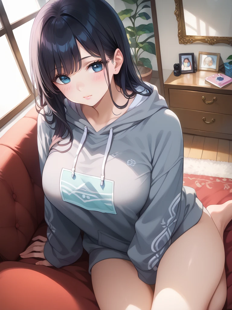 Masterpiece, 1girl, Light-Dark skin, Tan lines, Slightly chubby milf with brown hair and deep shiny yellow eyes that are attractive, wearing a sweatshirt and panties that show her thick thighs, small sized boobs, 4K quality, ultra detailed, cute face, gentle smile, blush, Short Hair, earrings, gold necklaces, bedroom background,