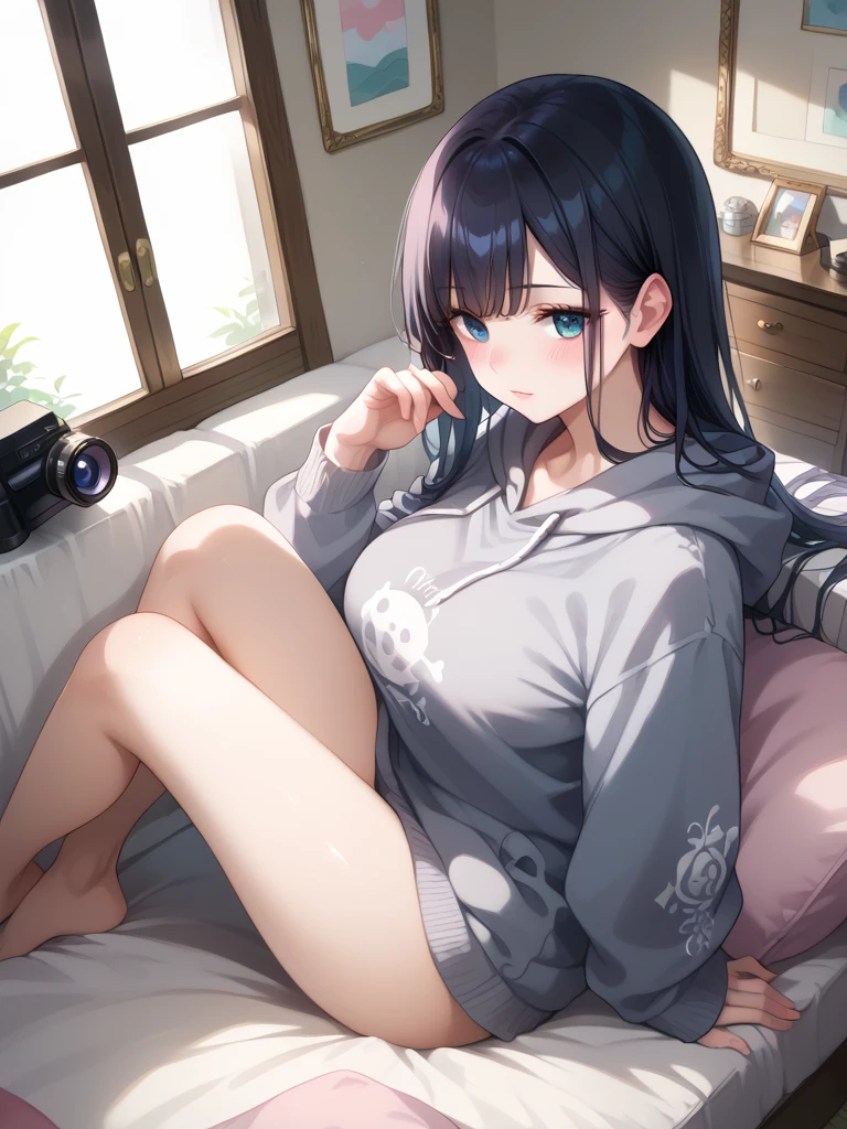 imizu, 1girl, arm rest, bangs, barefoot, black hair, couch, cushion, full body, hand in own hair, hand up, knee up, legs, long hair, looking at viewer, on couch, panties, pantyshot, parted lips, picture frame, purple eyes, purple panties, robe, sash, sitting, solo, thighs, underwear, wooden floor, indoors, finely detailed background, amazing background, incredibly absurdres, best quality, perfect lighting, illustration