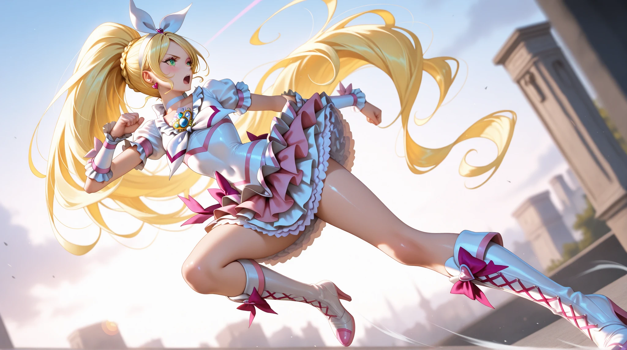 (8K, Best Quality, Masterpiece:1.2), (Realistic, Photo-Realistic:1.37), Ultra Detailed, 1 Girl, Cute, Down, Pink Hair, Single Ponytail, White Top, Pink Pleated Skirt, White Headband, Gold Headdress, Blue Earrings, Pink Over-the-Knee Socks, White Boots, Closed Eyes, Open Mouth, Scream, Dappled Sunlight, Street,
