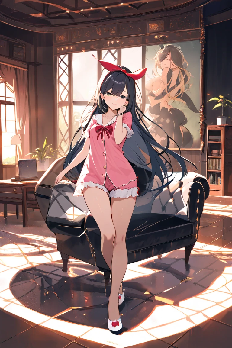 Indigenous 18 years old girl, wearing sensual corset, smiling, full body, sitting on a chair sitting with legs open