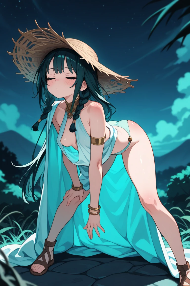 score_9, score_8_up, score_7_up, source_anime, 1girl, solo, <lora:EPpkJennyPony_epoch_13:1>, EPpkJenny, twintails, green hair, long hair, hair between eyes, brown eyes, mature female, smile, from behind, white dress, looking back, blush, arms behind back, bare shoulders, female focus, looking at viewer, hat, back, dress, sundress, outdoors, sun hat, sky, sunset, ocean, reflective water,