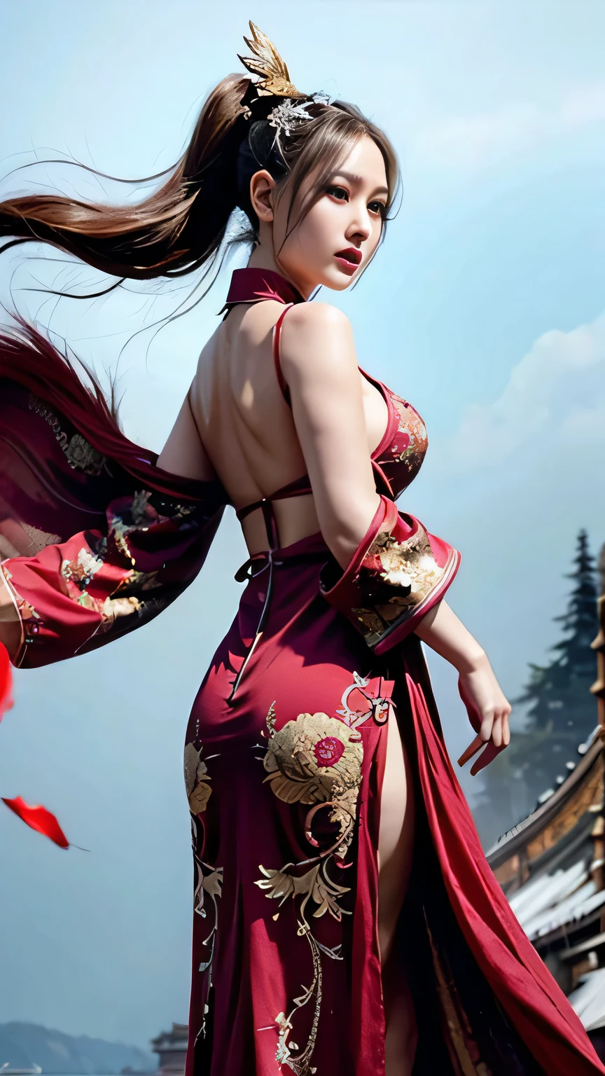 (A Divine Beast), Nine-Tailed Demon Fox, Dynamic Body Type, (Chinese Monster), Handsome, Splashed Ink, Chinese, 1girl, ((Full Body), ((2.5D)), Floating Hair, Beautiful Eyes, Delicate Eyes, Delicate Silhouette, Fantasy Art, (Black and Red Antique Brocade Hanfu), FOV, (Masterpiece), Frontal Shot, Side Portrait, White Background, (Movie Poster), Sharp, Splash, Cloud, Petals, Empty, Sky, (Wide Angle Lens), Vista