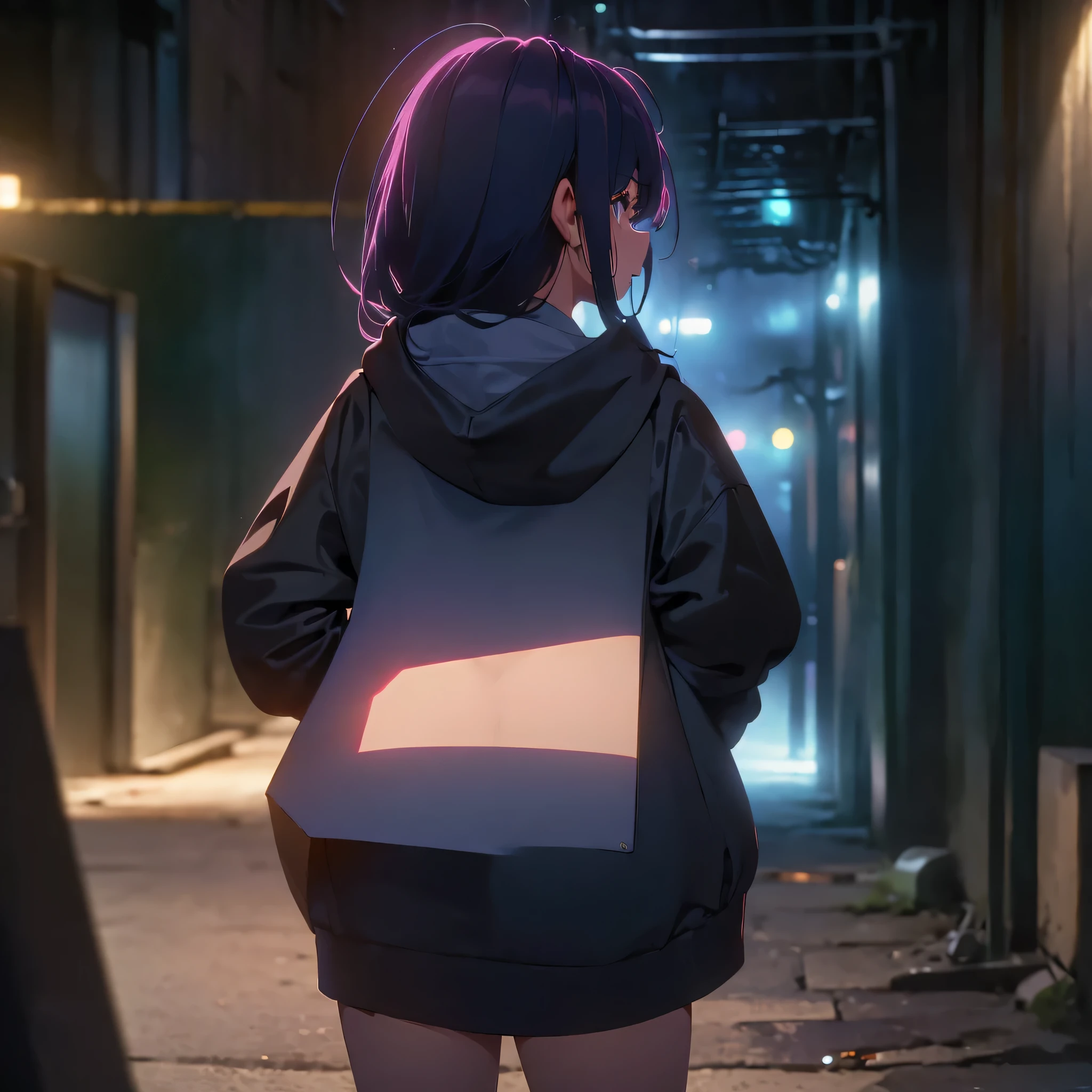 ((masterpiece, best quality, high definition, album jacket, perfect pixels, depth of field, 4K, )),deserted back alley background 、 Shadow and Light、girl wearing a hoodie in the center、full body shot、8K