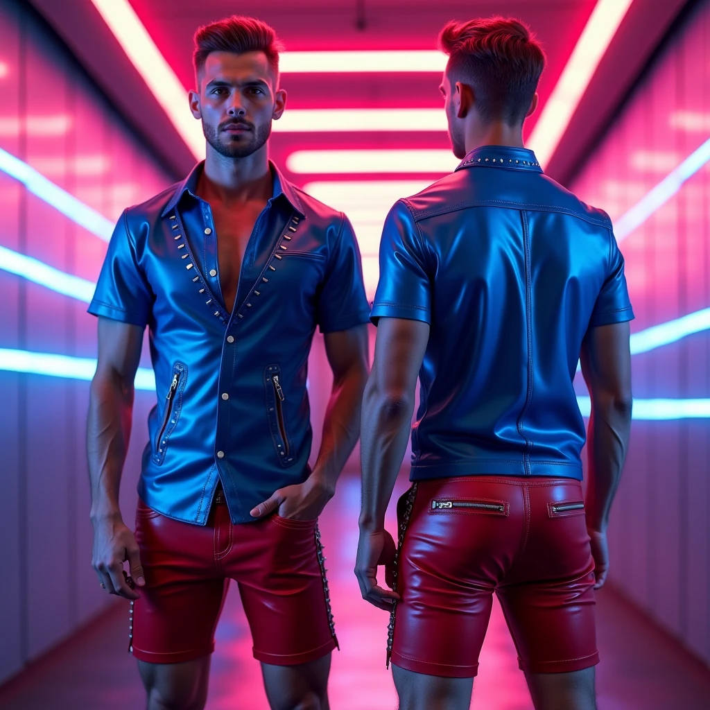 Handsome Latin Man Glamor Modern Fashion Fashion Shiny Stones Rhinestones Red Outfit Athletic Metallic Leather Sexy Red Star Red Chest Transparent and Red Leather. penis marked on pants. Quarto escuro com pouca luz. . Bulky penis with tight pants showing the muscles.