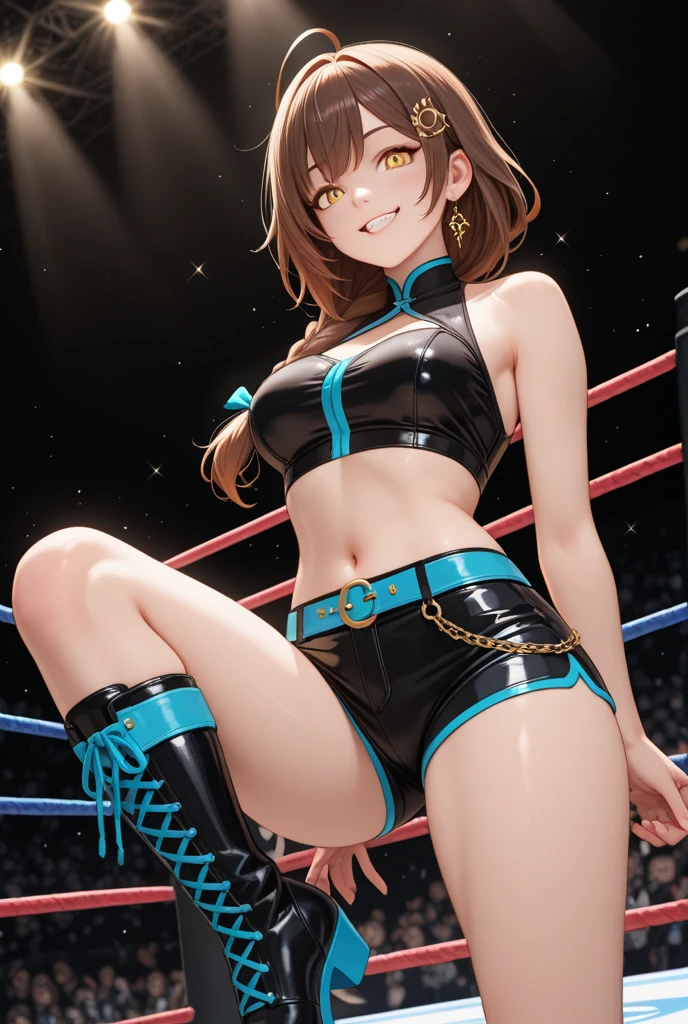 Beauty、Wear a wrestling swimsuit、In the wrestling ring、A large audience、Spotlight、