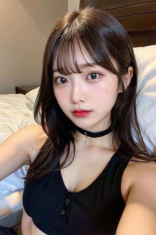 1girl, , beautiful japanese woman, calm gentle expression, long shiny brown hair with bangs, slender toned body, lace flower bra, lace flower bikini panties, intricate lace detailing, posing in living room at night, soft lighting, taking selfie with phone, high quality, realistic, detailed cg render, 4k, mole on chest
