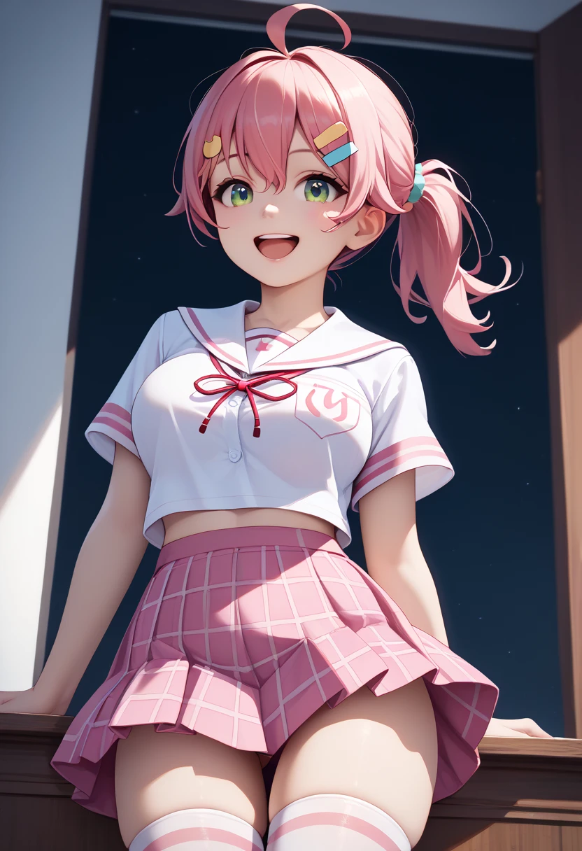 (best quality,4k,8k,highres,masterpiece:1.2), ultra-detailed,takami chika, pink eyes,sailor top, school skirt, navel, standing ,one hand on hip another hand on head,slightly excited and smile, sleeveless, thighs, cowboy shot, hair ornamen ,big breasts ,nipples