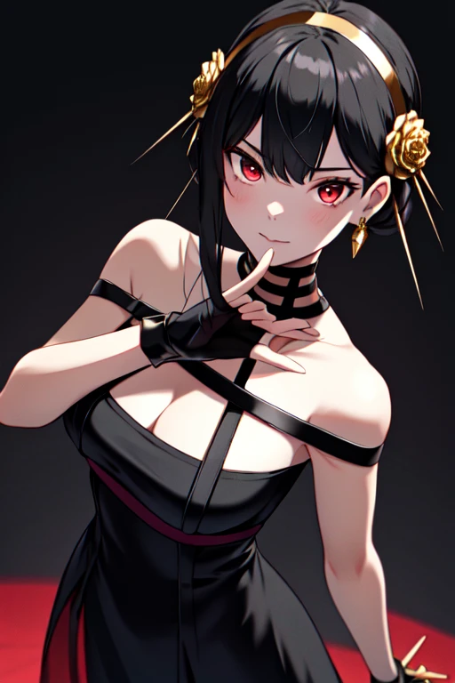 Yor Briar, 1girl, anime girl in black dress, 1 7 years old - anime gothic girl, detailed doujin art, high quality doujin art, is a slim and cute anime woman in beautiful clothes, bangs, black hair, collarbone, earrings, headband, accessories, bare shoulders, black skirt, black hair, breasts, shut up, skirt, earrings, flowers, hair flowers, hair accessories, hair bands, jewelry, medium chest, long hair, looking at the audience, red eyes, side hair, sleeveless, solo, upper body, black background, ((Masterpiece))